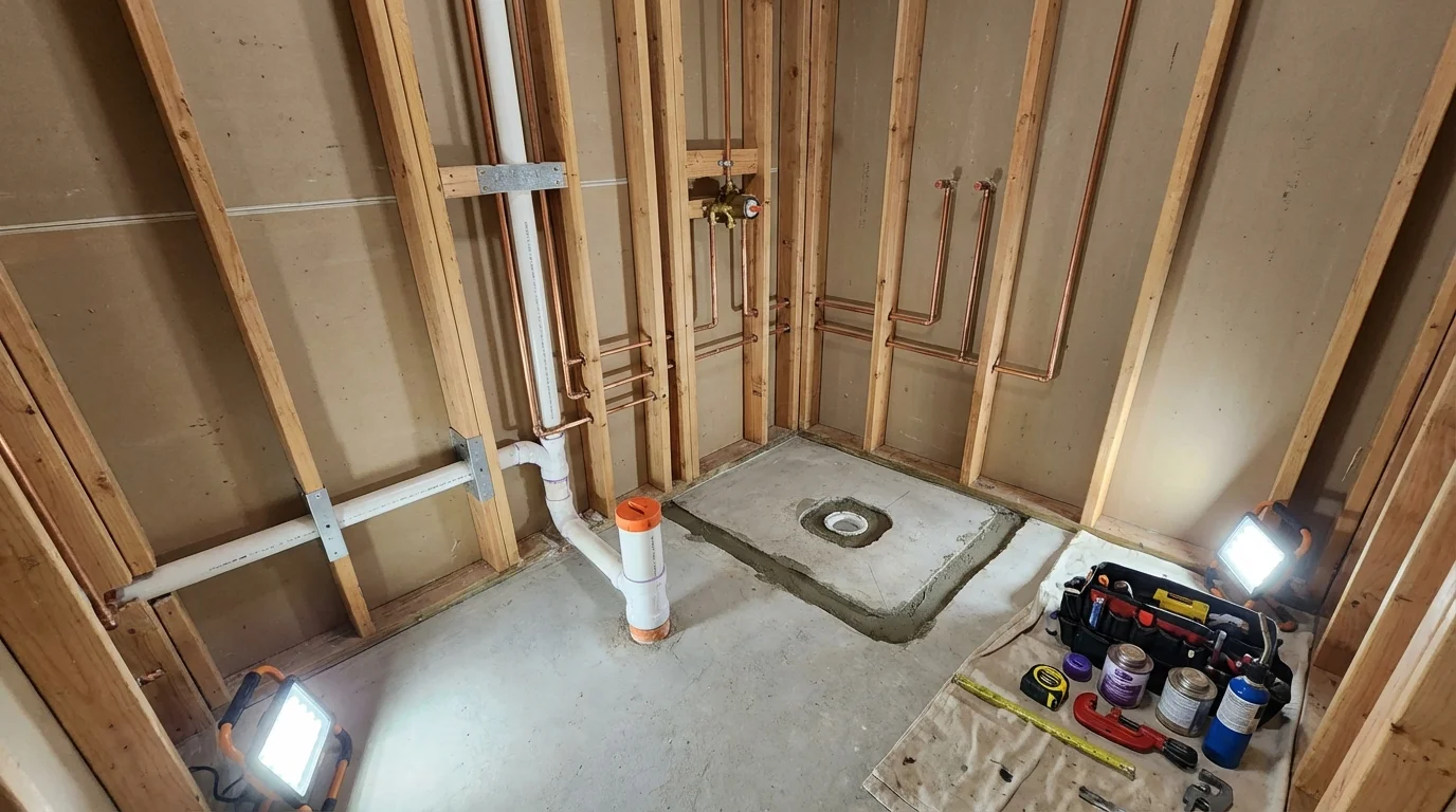 Bathroom rough-in plumbing during remodel by Johns Plumbing LLC in Larkspur