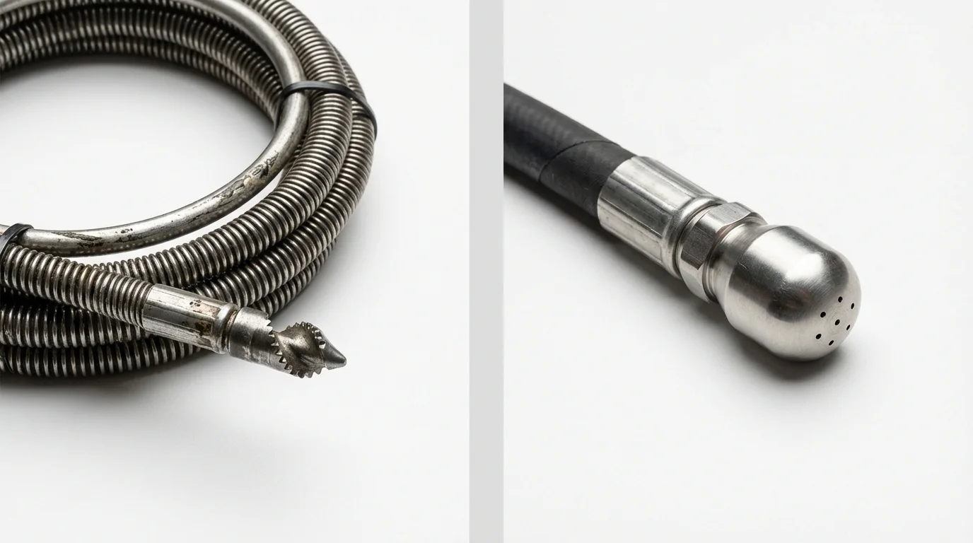 Drain snake cable and hydro jetting nozzle used for drain cleaning in Larkspur, CA