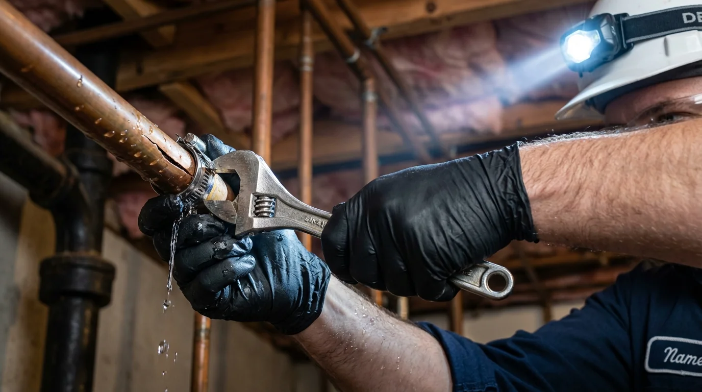 Emergency pipe clamp repair being performed by a Johns Plumbing LLC plumber in Larkspur