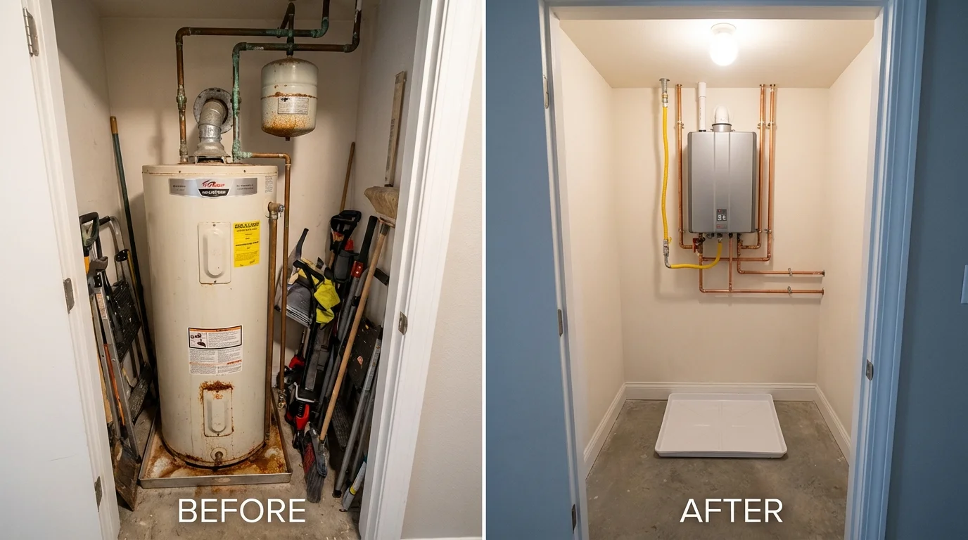Tank water heater versus wall-mounted tankless unit comparison for Larkspur, CA homeowners