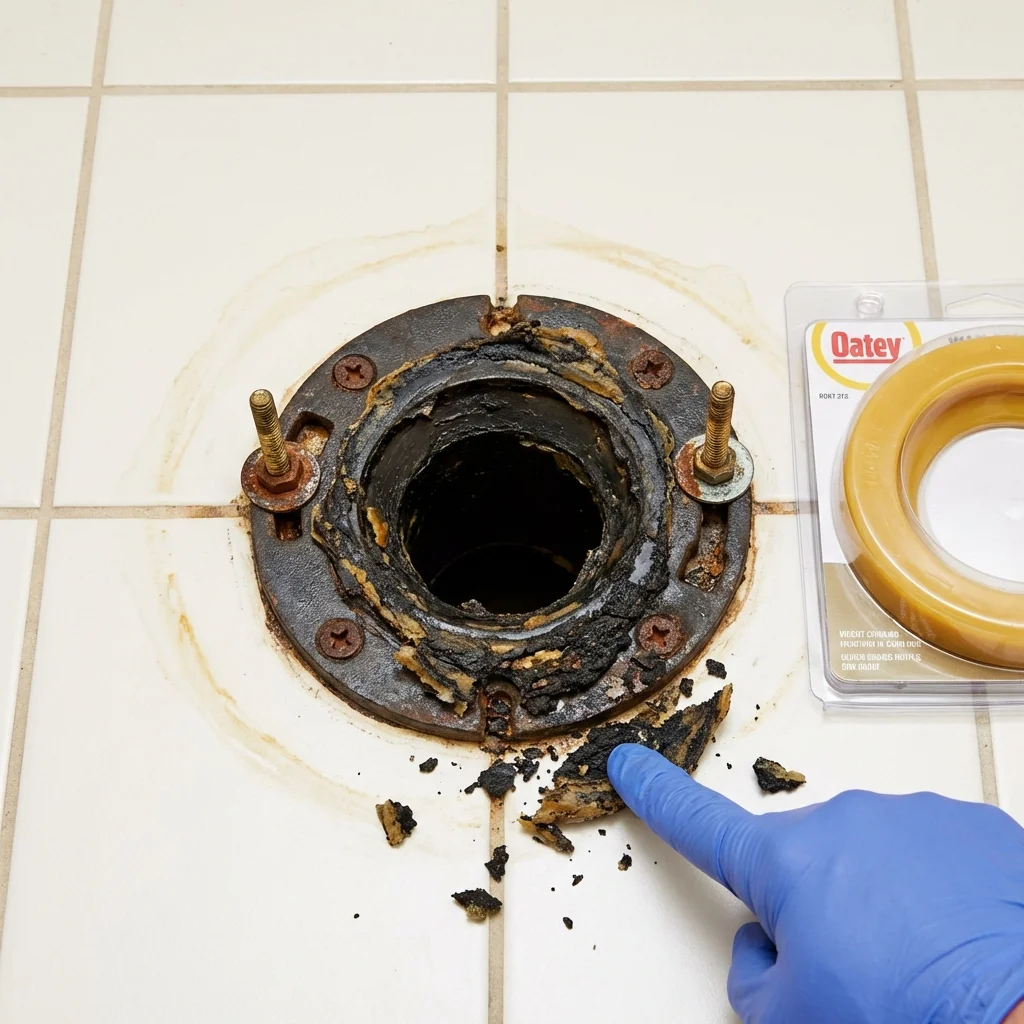 Failed wax ring showing water seepage at the base of a toilet in a Larkspur, CA home