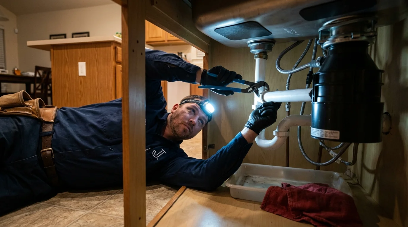 P-trap and supply line connections under a kitchen sink showing a common leak point in Larkspur, CA